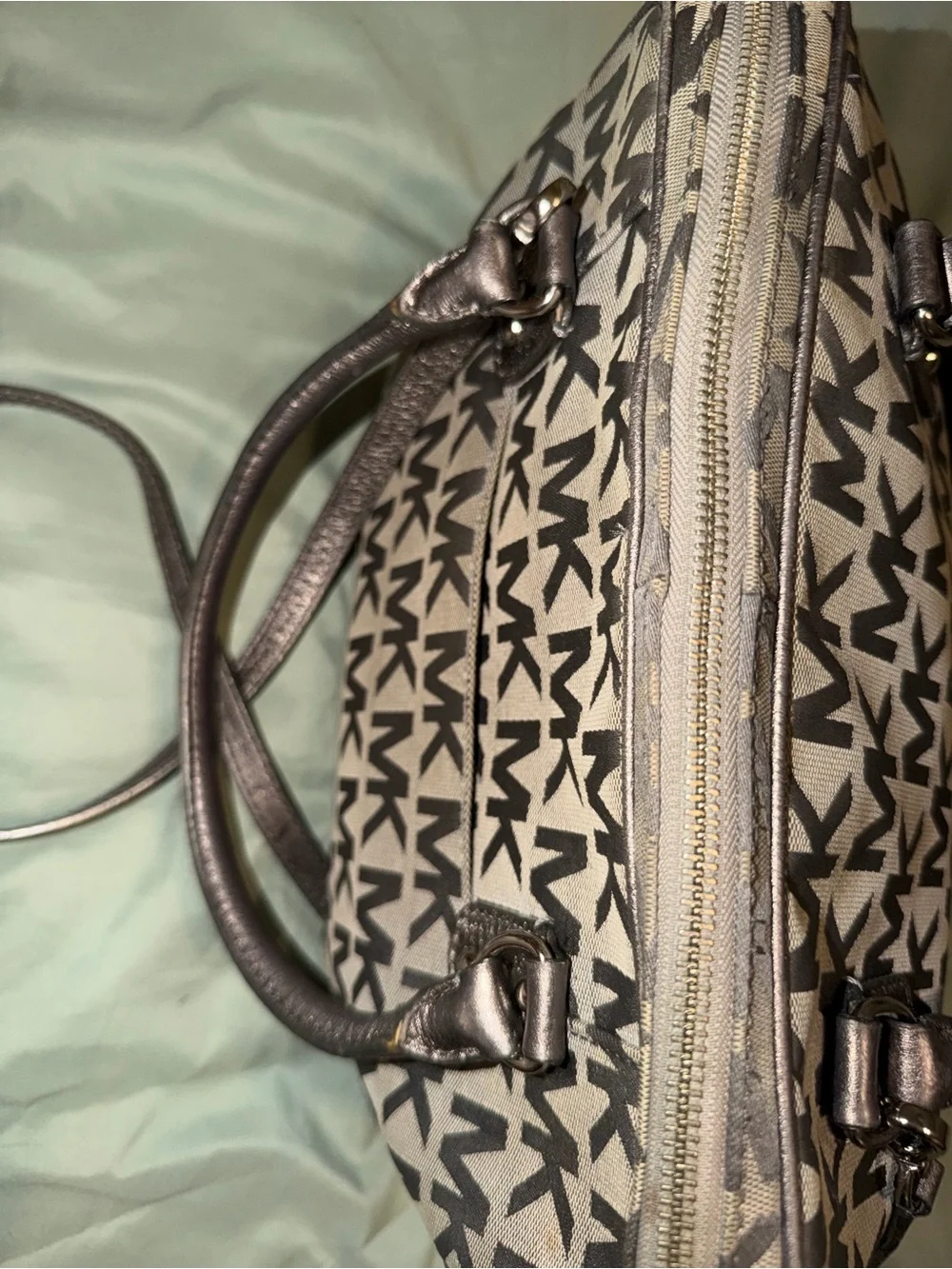 Michael Kors Gray MK Monogram Satchel with Metallic Handles